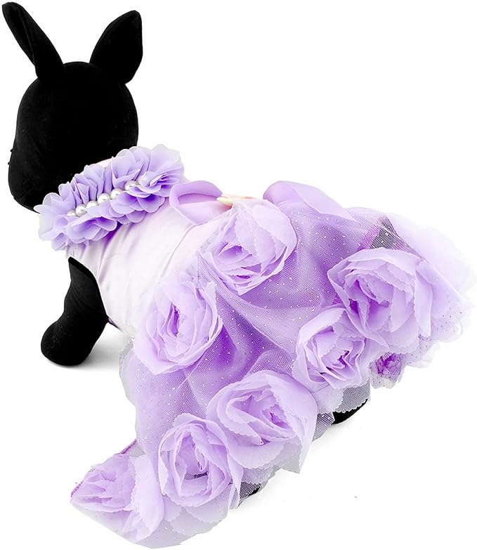 SMALLLEE_Lucky_Store Pet Small Dog Wedding Dress with Bowknot Birthday Party Costume Satin Rose Pearls Girl Formal Dress Cat Tutu Purple Violet XS, (YP0173)