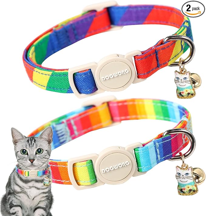 Cat Collar,2 Pack LGBT Cat Collars Breakaway with Bell, DOGWONG Safety Buckle Cat Collar for Girl Boy Cats and Small Dogs，Adjustable Kitten Collar 7-12 Inch,Pet Supplies Accessories