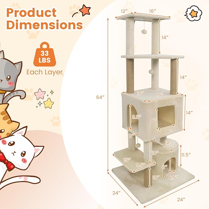Tangkula 64 Inch Tall Cat Tree, Multi-Level Cat Tower with 2 Large Condos, Jute Scratching Posts, Plush Top Perch, Dangling Toys, Cat Climbing Furniture for Indoor Adult Cats & Kittens (Beige)