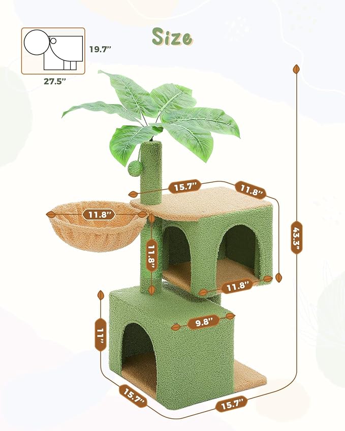 PEQULTI 43'' Cat Tree for Indoor Cats,Cat Tower Climbing Tree with Cat Scratching Posts, 2 Big Condos and Deep Hammock,Activity Tree for Kittens, Green