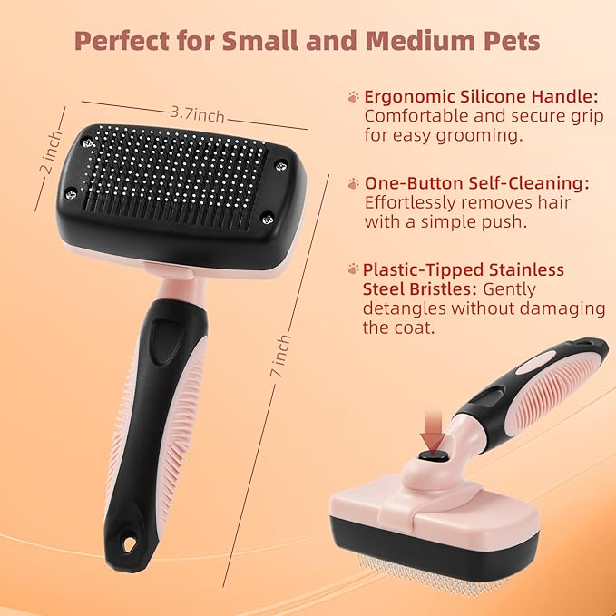 XAQMHSW 3PCS Cat & Dog Brush Set: Slicker & Deshedding Brush, Dematting Comb, and Bath Brush – Premium Grooming Tools for Shedding & Tangle-Free Fur (Pink)