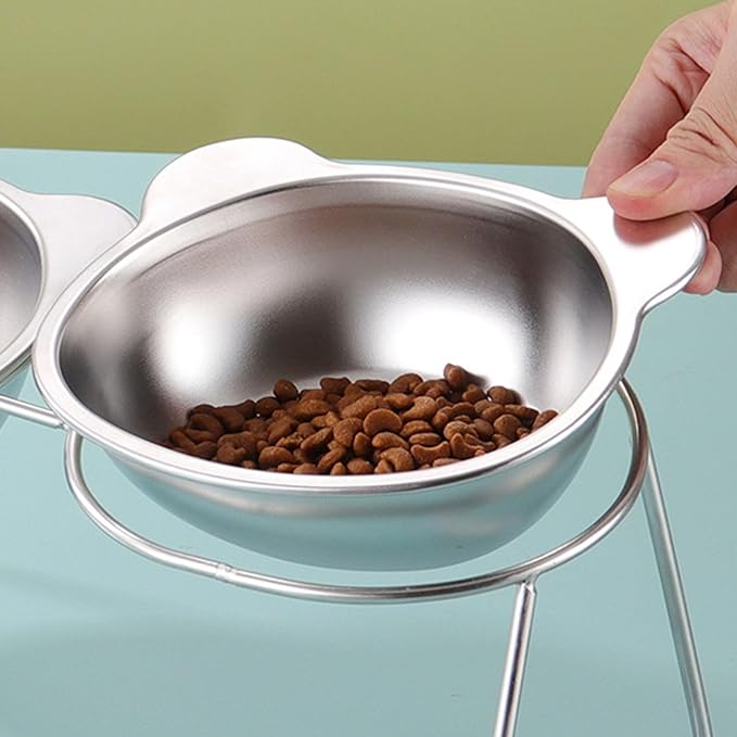 Elevated Cat Bowl, Detachable Stainless Steel Raised Pet Feeder with 15 Degree Tilt Angle Nonslip Feet for Cats Small Dogs (9334 Cartoon Double Bowl)