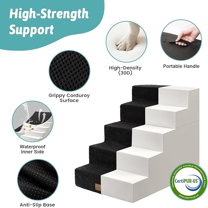 COZY KISS Dog Stairs for Small Dogs, 17.7" Extra Wide Detachable Pet Stairs for Couch and Bed, 23.6" H Non-Slip Dog Steps for Puppies and Old Cats, 17.7x29.5x23.6 inch, Black