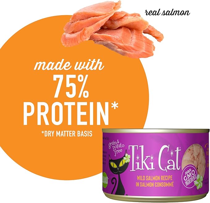 Tiki Cat Luau Shredded Meat, Wild Salmon Recipe in Salmon Consumme, Grain-Free Balanced Nutrition Wet Canned Cat Food, For All Life Stages, 6 oz. Can (8 Count)