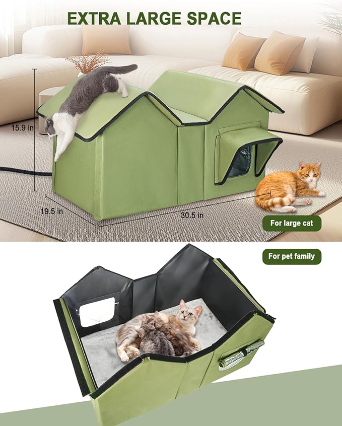 Outdoor Cat House Weatherproof, Insulated Cat Houses for Outdoor Cats, Extra Large Waterproof Feral Cat House with Escape Doors & Elevated Base, Easy Assembly, All-Weather Protection