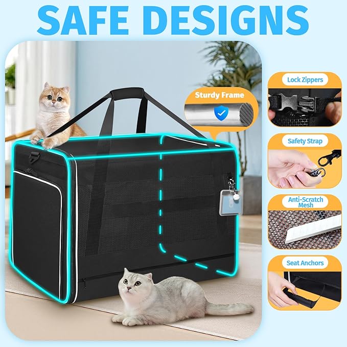 Petskd Side Expandable Extra Large Cat Carrier with Wheels and Litter Box, 24"x17"x17" Soft-Sided Pet Carrier for 2 Cats Under 55 lbs with Zipper Locks for Car Travel (Black)
