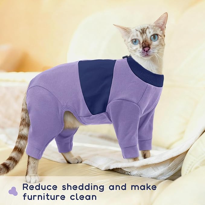 QBLEEV Cat Clothes, Soft Cat Sweaters for Cats Only, Kitten Surgery Recovery Suit Onesie Pajamas, Four Legs Cats Shirts Apparel Clothing for Hair Loss Prevention, Purple, XXL