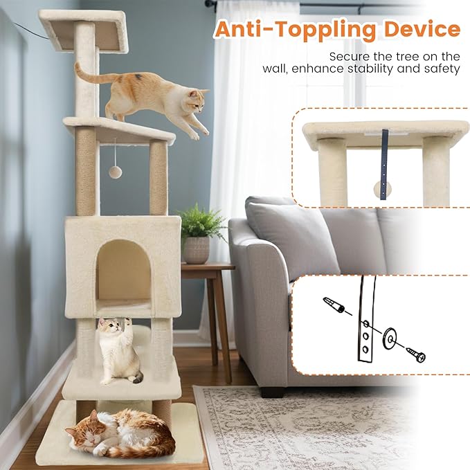 Tangkula 64 Inch Tall Cat Tree, Multi-Level Cat Tower with 2 Large Condos, Jute Scratching Posts, Plush Top Perch, Dangling Toys, Cat Climbing Furniture for Indoor Adult Cats & Kittens (Beige)