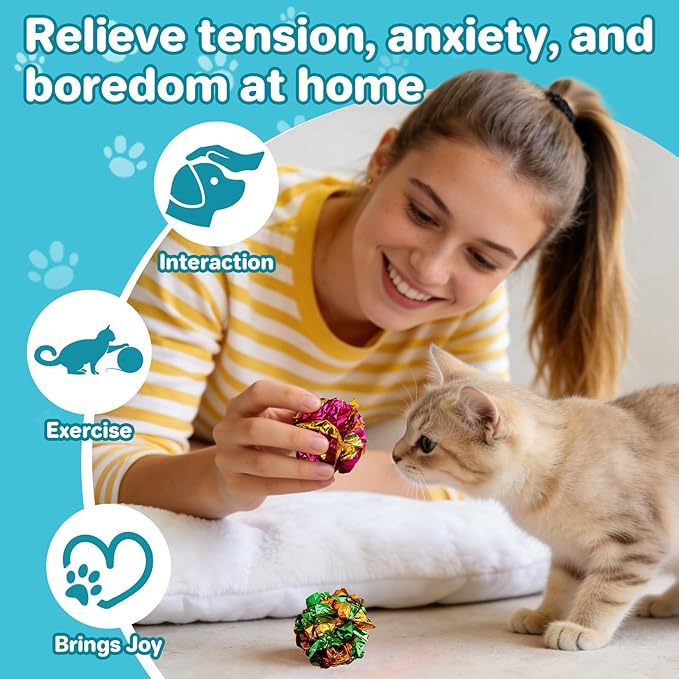 Multicolor Crinkle Balls for Cats – 10 Pcs RAINFLOW Durable Bulk Mylar Cat Crinkle Toy Balls Indoor Cat Toy Ball Stress-Relief for Kittens, Adult Cats, Multi-Cat Homes Indoor Play,Loud & Crunchy