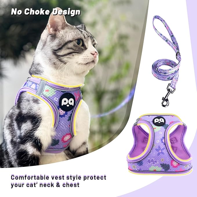 QQPETS Cat Harness and Leash Set for Walking Escape Proof, Safe Adjustable Kitten Vest with Reflective Strips, Easy Control Soft Mesh Lightweight Jacket (Floral Purple, S(Chest 15”-15.7”))