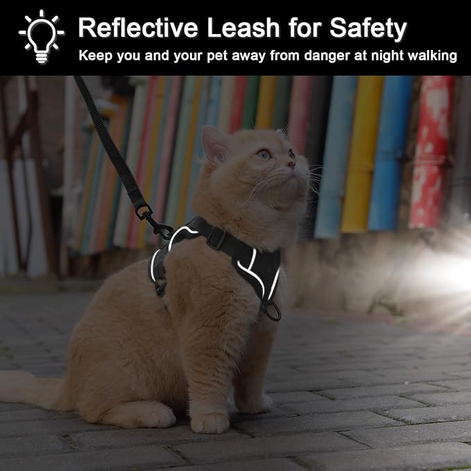 Cat Harness and Leash Set for Small Cat Kitten, Escape Proof Adjustable Vest with Lead, Soft Breathable Mesh with Reflective Stripes for Night Outdoor Walking(S, Black)