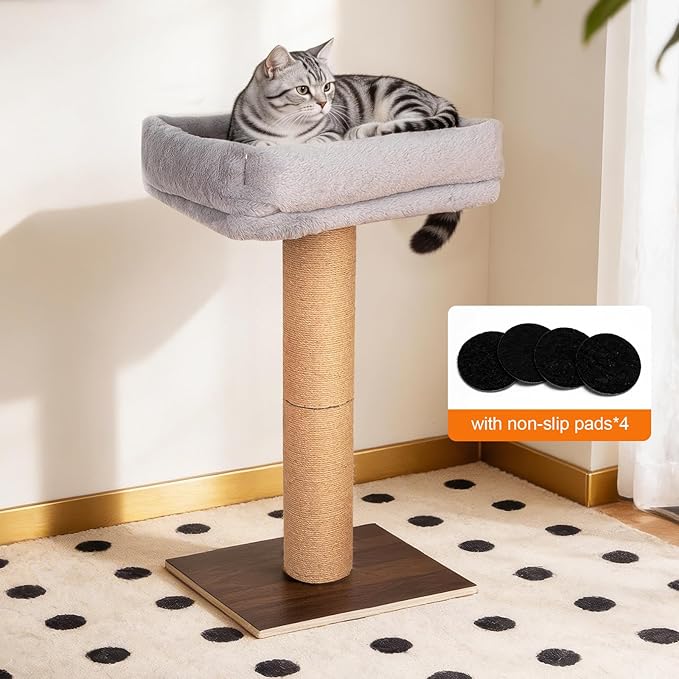 Cat Scratching Post, Retro-Style Tall Cat Scratcher Tower with Removable Gray Fluffy Cusion Perch, Natural Pine & Sisal Cat Scratcher for Indoor Cats, Medium
