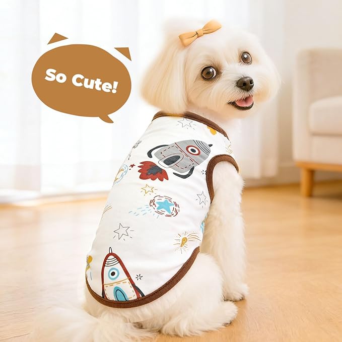 PETCARE Cartoon Dog Shirts for Small Dogs Cute Dog Clothes Brown Spaceship Tshirt Soft Cotton Puppy Pajamas Breathable Sleeveless Pet Tank Top Spring Summer Dogs Clothes for Chihuahua Yorkie Shih Tzu