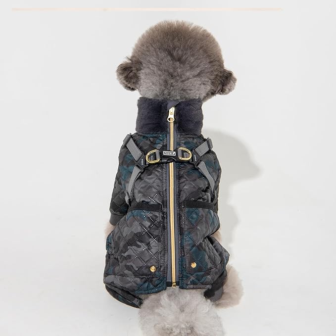 Puppia Bylur Mock Neck Full Zip up Warm Winter Jumpsuit with Integrated Harness for Small and Medium Dogs, Black, Medium