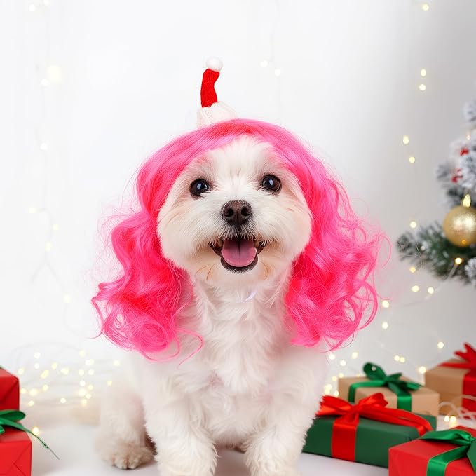 Christmas Dog Cat Pet Wig for Small Medium Large Dog Cosplay Costumes (Pink)