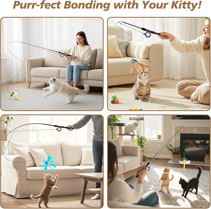 Pawaboo Cat Feather Toys, 4 Pack Interactive Cat feather Teaser Wand Toys, Retractable Fishing Pole Wand Catcher Exerciser with Refill Fish, Dragonfly Worm with Bells, Fun Cat Kitten Kitty Playing Toy