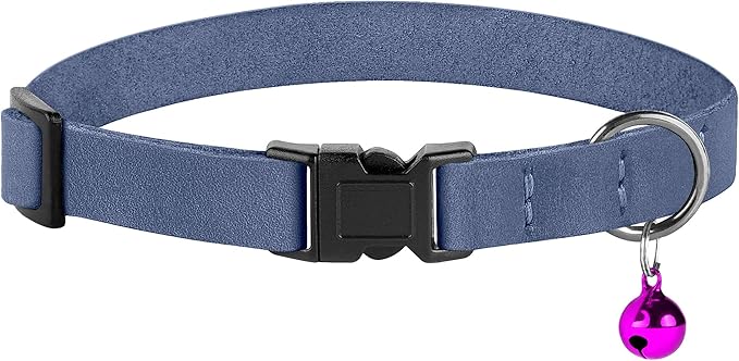 Muromto Breakaway Cat Collar Leather Soft Adjustable Pet Kitten Collars with Bell Pink Brown Blue Green Red (Blue)