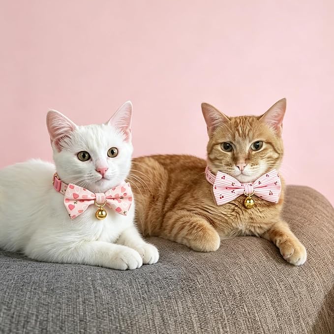 2 Pack Cat Collars with Removable Bow Tie and Bell, Adjustable Breakaway Kitten Collar, Cute Pink Cherry & Heart Print Pet Collar for Cats.(Adult Cat,Pink+Pink)