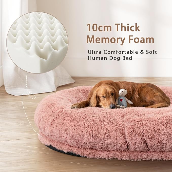 ROOMTEC Human Dog Bed, 71''x45''x12'' Size Fits Adult and Pet Washable Giant People Bed 10 CM Thick Memory Foam Large Oversize Pet Bed with Plump Pillow, Blanket, Strap - Pink