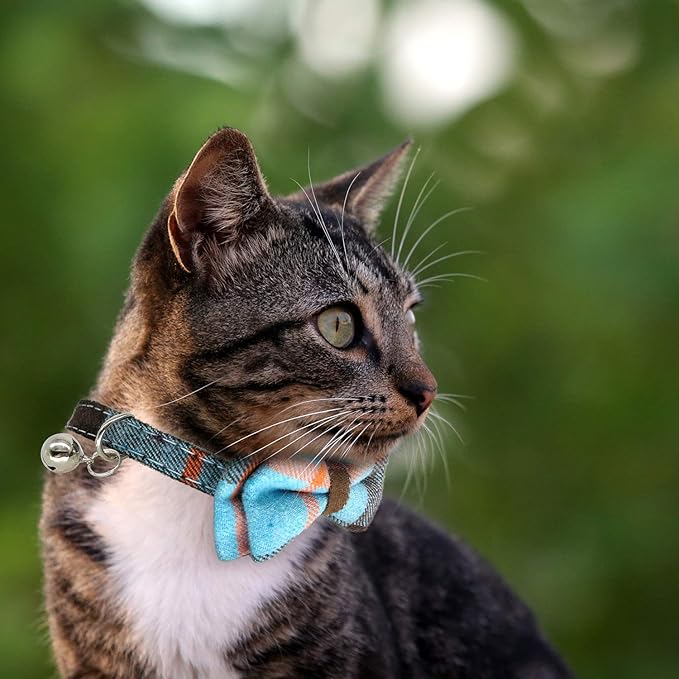 2 Pack/Set Cat Collar Breakaway with Cute Bow Tie and Bell for Kitty and Some Puppies, Adjustable from 7.8-10.5 Inch (Cyan-Blue+Blue-Gray, Plaid)