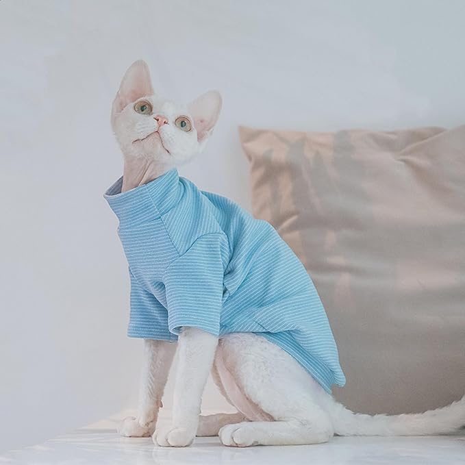 Sphynx Cats Warm Fleece Shirt Cat Turtleneck Undershirt Thermal Hairless Cat Clothes for Sphynx, Devon, Cornish Cat Clothes and Small Kitten and Dogs (Blue Pinstripe, Large)