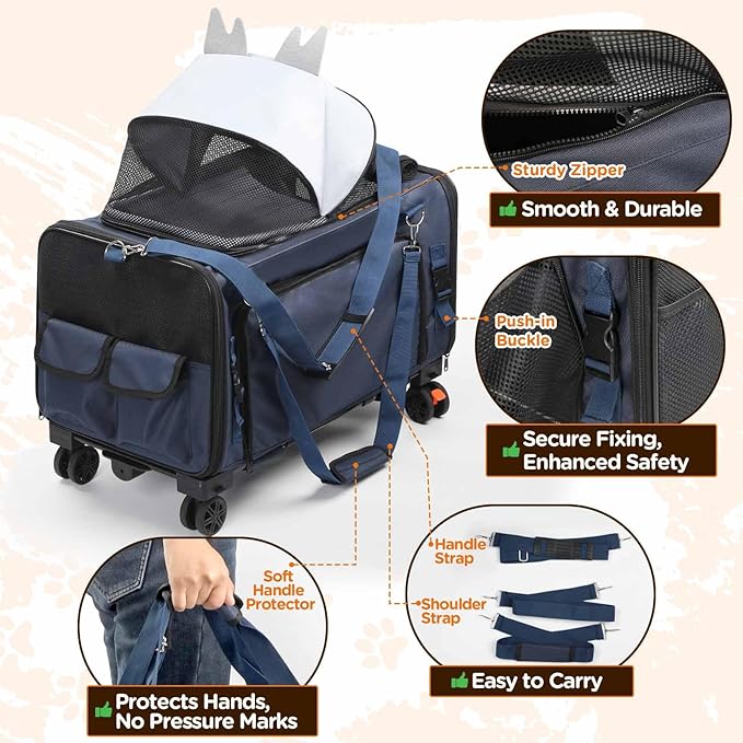 3-Sided Expandable Pet Cat Carrier with Wheels & Hammock, 24-Inch Soft-Sided Portable Rolling Pet Carrier for Large Cats, Medium & Small Dogs, Detachable for Travel, Camping, Outdoor Walks