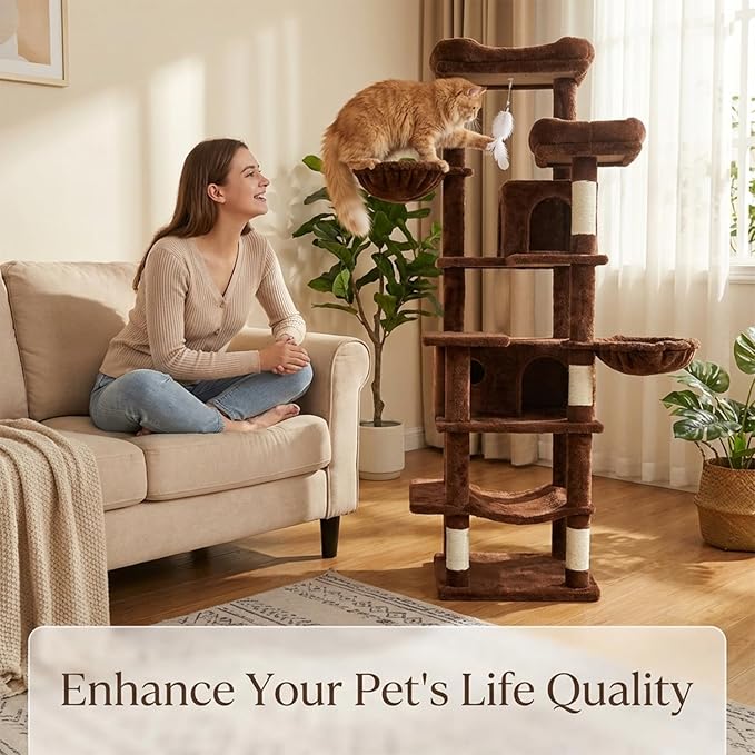 68" Cute Cat Tree for Indoor Cats Large Adult, Tall Cat Tower with Scratching Post & Condo, Hammock, Aesthetic Cats Stand, Modern, Easy Assembly (Brown, 68" Tall)