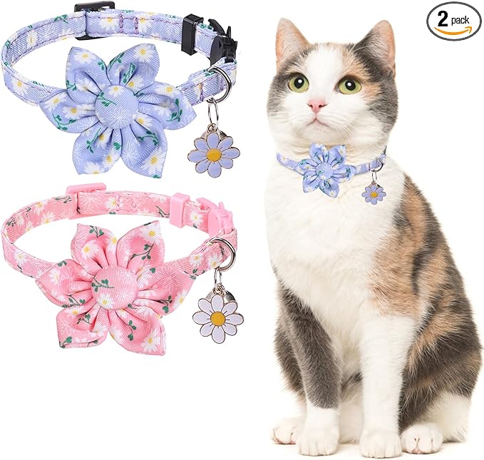 Breakaway Cat Collars for Girl Boy Cats, 2 Pack Cute Kitten Collar with Bells & Flowers, Safety Adjustable Female Male Kitty Puppy Floral Collar Pink & Blue, Small Pet Spring Gifts
