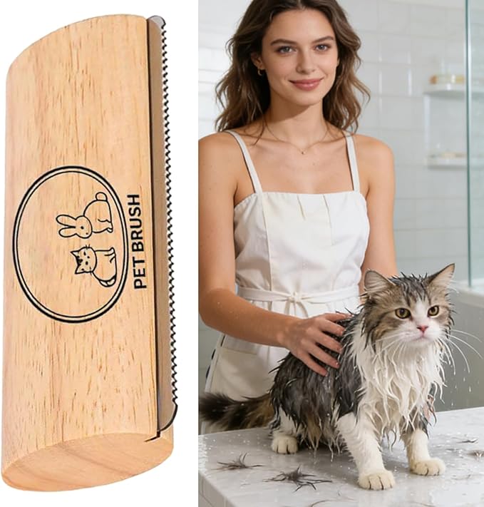 Cat Shedding Brush - Undercoat Remover Comb | Wooden Pet Grooming Brush for Kittens and Medium Large Cats, Removes Loose Long and Short Hair, Gentle Tool for Healthy Coat Care
