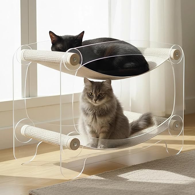 Cat bunk beds Cozy Acrylic cat Hammock Bed with sisal Scratcher - Double-Layer Hammock for Indoor Cats and Small Dogs - Soft & wear-Resistant