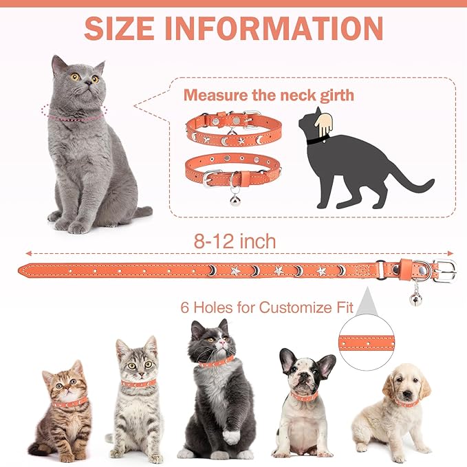 Leather Cat Collars for Boy Girl Cats with Bell and Safety Elastic Belt, Personalized Star and Moon Stud Adjustable Safe Buckle Collar for Kitty Small Big Cats Size 7-9 Inch, Orange