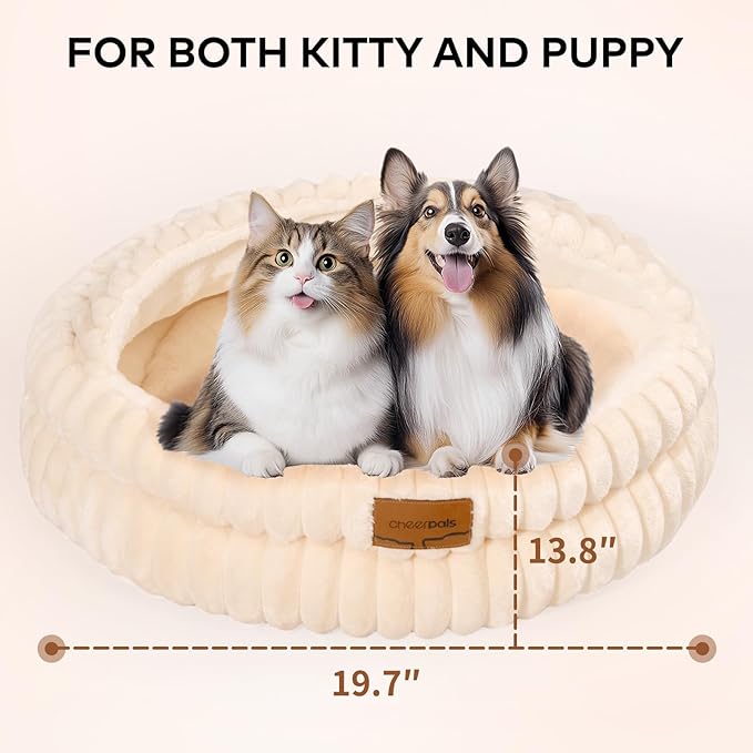 CHEERPALS Cat Cave Bed for Indoor Cats, Washable Covered Cat Bed Hooded Kitty Bed Soft Fluffy Pet Bed for Puppy and Small Dog(White)