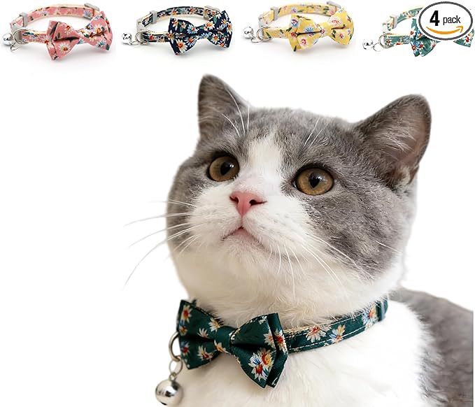 4 Pack Cute Cat and Puppy Collar with Removable Bow Tie and Bell, Adjustable Fit Kitten Collars for Cats & Small Dogs, Cute Bowknot