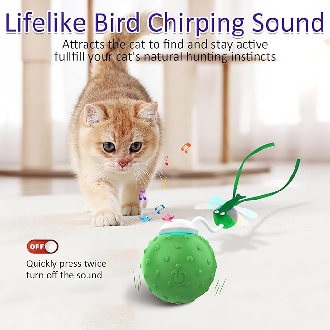 Waaiio Interactive Cat Ball Toy, Fast Moving Cat Toys for Indoor Cats-with Dragonfly & Feather Tails,Automatic Motion Activated, Realistic Squeak Sound for Exercise Stimulation (Green)