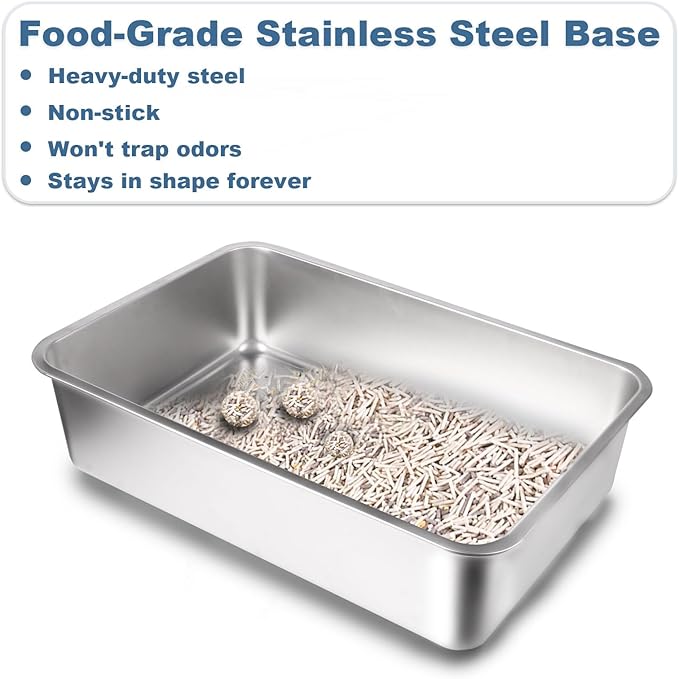 Stainless Steel Cat Litter Box with Lid - XL Extra Large Enclosed Metal Litter Pan for Big Cats, High Sided Non-Stick Odor Resistant Anti-Urine Leakage, Easy Clean with Scoop & Mat, Gray