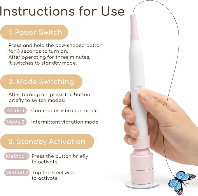 Rechargeable Automatic Cat Toy with Suction Cup, Interactive Cat Toys for Indoor Cats, Butterfly Feather Teaser Wand for Bored Kittens, Self Play Exercise Toy