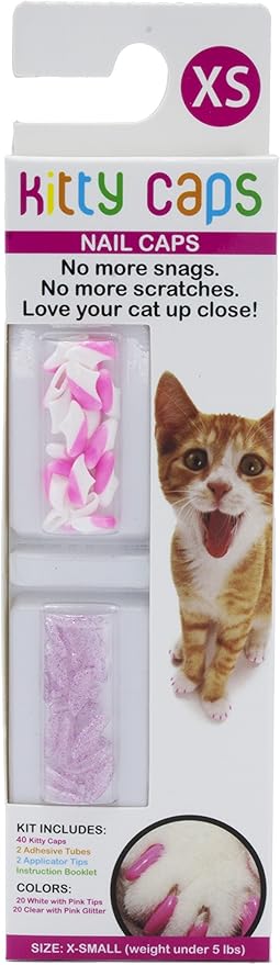 Kitty Caps Nail Caps for Cats | White with Pink Tips & Clear with Pink Glitter, 40 Count, X-Small - 3 Pack | Safe, Stylish & Humane Alternative to Declawing | Stops Snags and Scratches