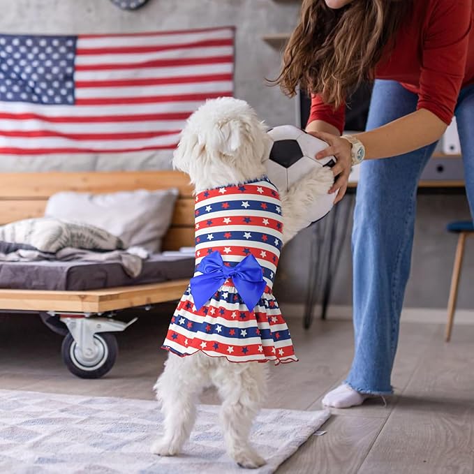 2-Pack 4th of July Dog Dress Independence Day Puppy Cat Dresses USA Flag Pet Clothes Costume Dog Stripes Stars Outfits Skirts for Small Medium Dogs M