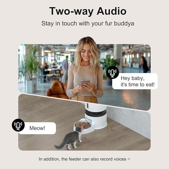 MIETUBL Automatic Cat Feeder with 2 Cameras 1080P HD with Night Vision Pet Food Dispenser Two-Way Voice and Audio Dog Smart WiFi Dog & Cat Feeder Programmable Schedule Slow Bowl White