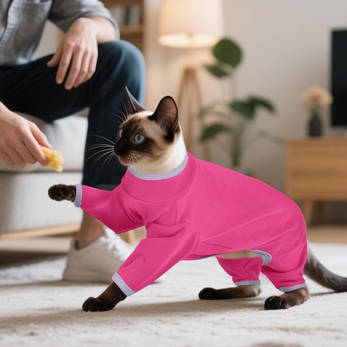 DENTRUN Cat Clothes for Hair Control with Hair Sticky Fabric - Soft Recovery Suit & Breathable Lint-Resistant Cat Sweater for Cats Only, Kitten Onesie Pajamas, XXL, Bright Pink