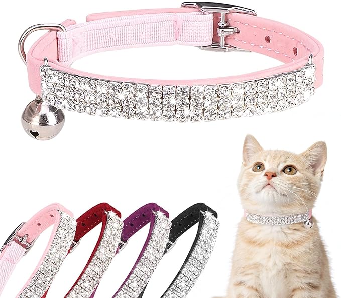 BINGPET Diamond Cat Collar with Bell, Adjustable Soft Velvet Bling Rhinestone Cat Collar, Sparkly Kitten Collar with Safety Elastic & Metal Buckle for Small Medium Cats