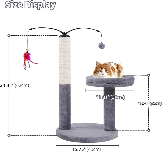 AIWIKIDE 24" Scratching Post, Interactive Cat Scratcher, with Perch & Plush Toy, Sturdy Weighted Base, Grey