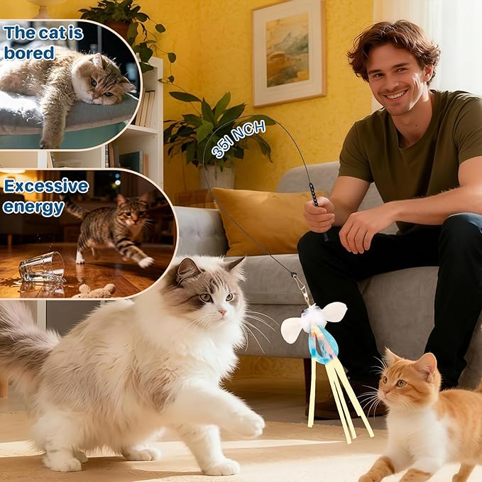 Walfront Interactive Cat Toys with Sky Blue and Pink Flower Suction Base, Indoor Cat Toy for Overweight or Inactive Cats, Multi Cat Homes, Boosts Activity, Self Play and Interactive Fun