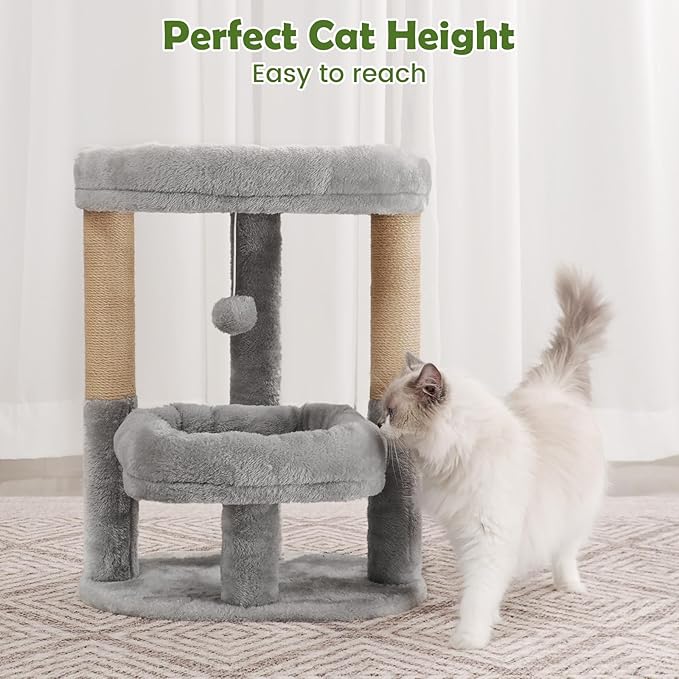 Cat Tree for Indoor Cats, Compact 2-Tier Cat Tower with Padded Donut Beds, Cozy Plush Cat Perch for Small to Medium Cats, Sisal Scratching Posts & Hanging Toy (Light Grey)