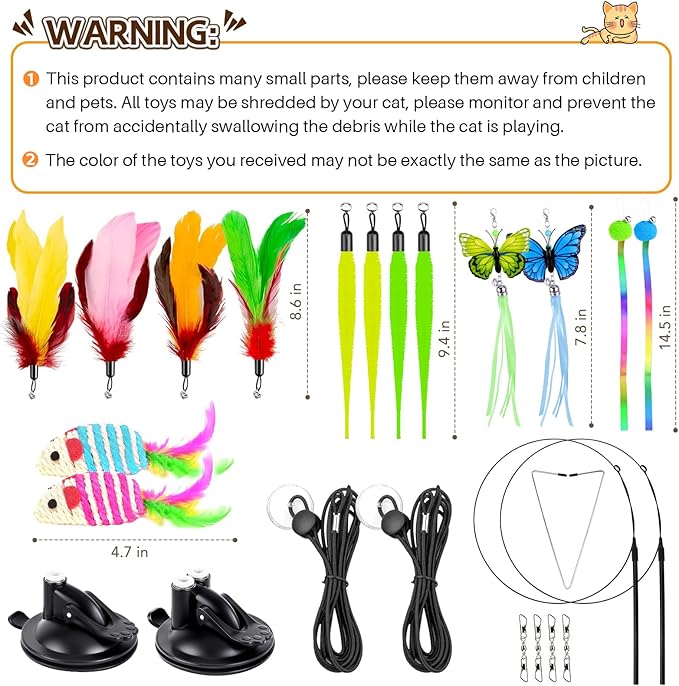 Cat Toys for Indoor Cats, 14Pcs 4 in 1 Cat Interactive Toys, Hanging Door Kitten Wand with Suction Cup Removable Feathers Balls Mice Butterfly Streamers