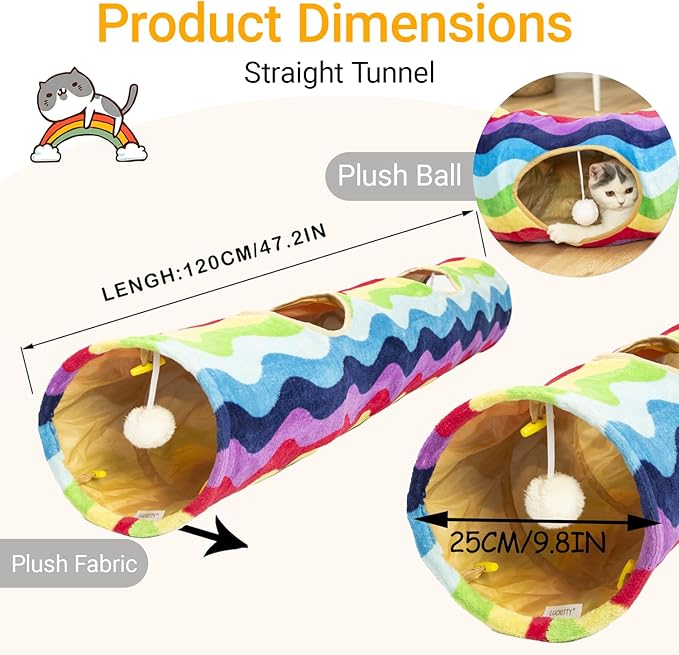 Cat Tunnel -Straight-Shaped, Rainbow Wave Color, Soft Velvet Exterior, Oxford Fabric Fog-Proof Interior, Plush Toy Ball, Easily Washable, Conveniently Foldable, 47.2in/120cm