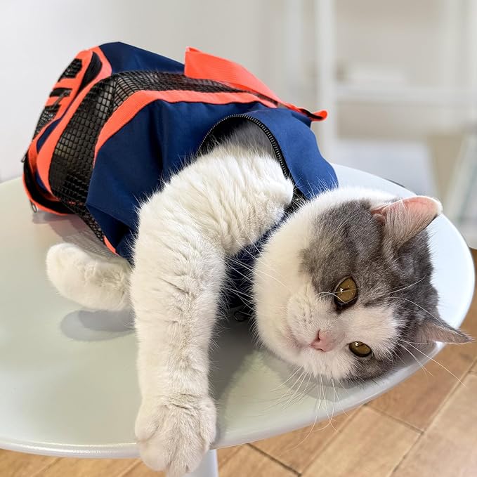 Cinf Cat Nail Clipping Cleaning Grooming Restraint Bag No Scratching Biting for Bathing Nail Trimming Injecting Examining(Navy Blue,M)