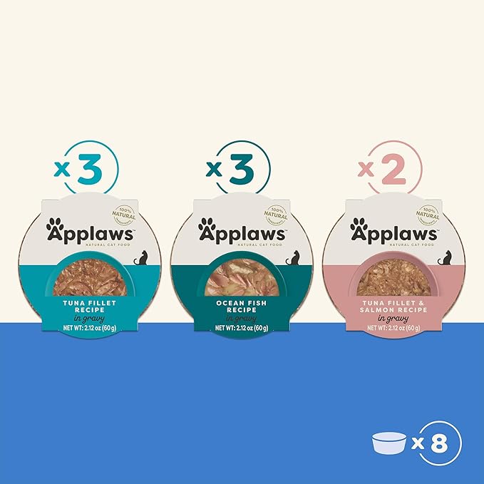 Applaws Natural Wet Cat Food in Gravy, Limited and Natural Ingredients, High Protein with No Artificial Additives, Fish Selection in Gravy (8X 2.12 oz Easy-Open Cups)