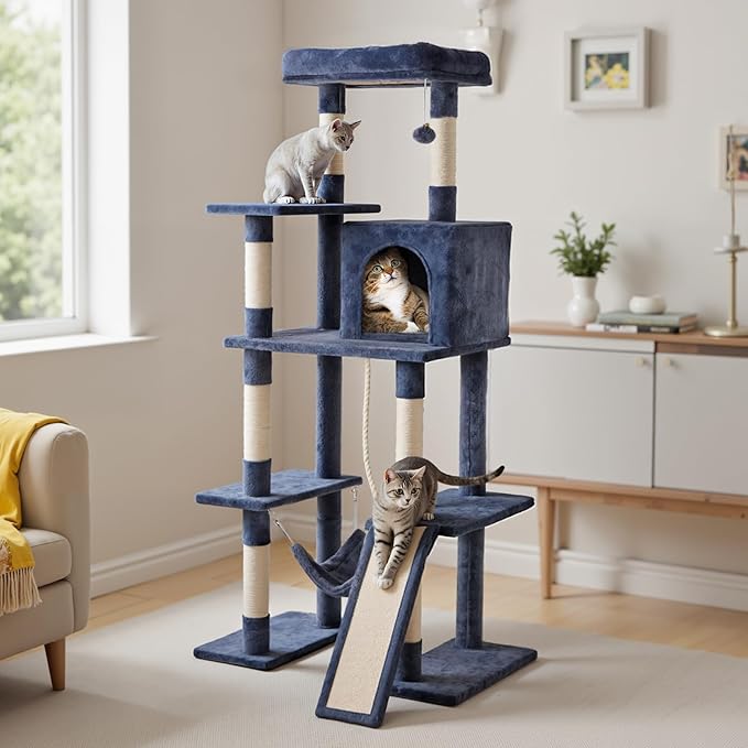 DUMOS 63 Inch Cat Tree Tower, Large Multi Level Cat Climbing Tower with Condo, Natural Sisal Scratching Posts, Extended Platform, Hammock, Pet House for Indoor Cats and Kittens Play, Dark Grey