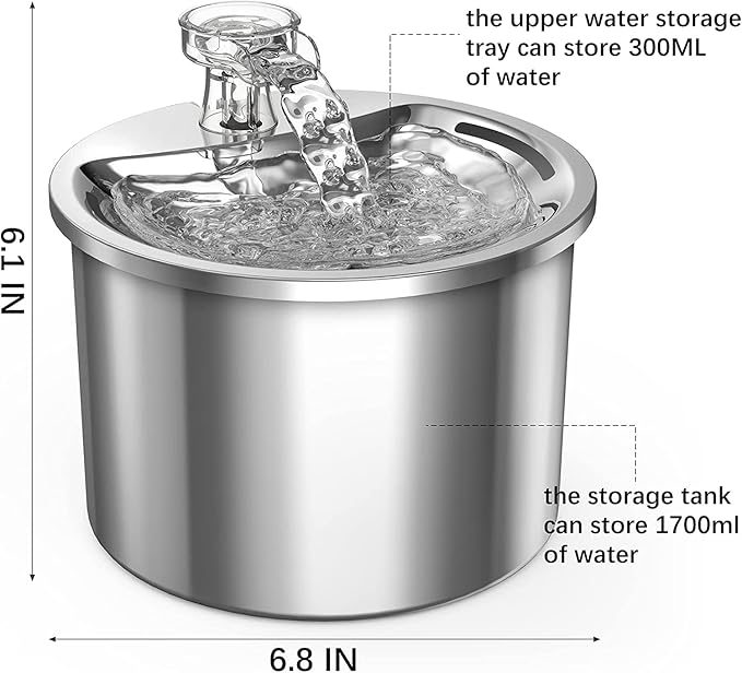 Cat Water Fountain - 67Oz/2L Automatic 304 Stainless Steel Pet Water Fountain, Ultra-Quiet Pump and 4 Replacement Filter